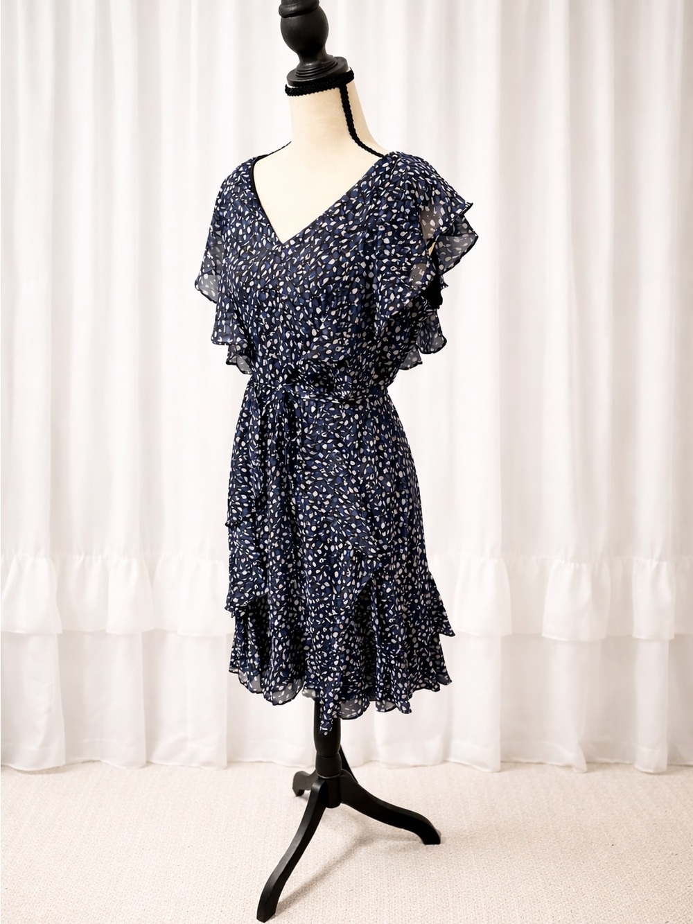 Tommy Hilfiger Navy Floral Ruffle Fit & Flare Dress Petite Size 12 Tie Waist